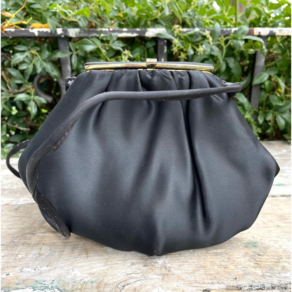 Vintage black satin evening bag gold hardware